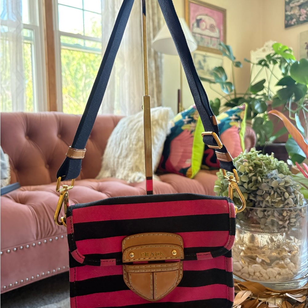PRADA Canvas Canapa Righe Striped Shoulder Bag